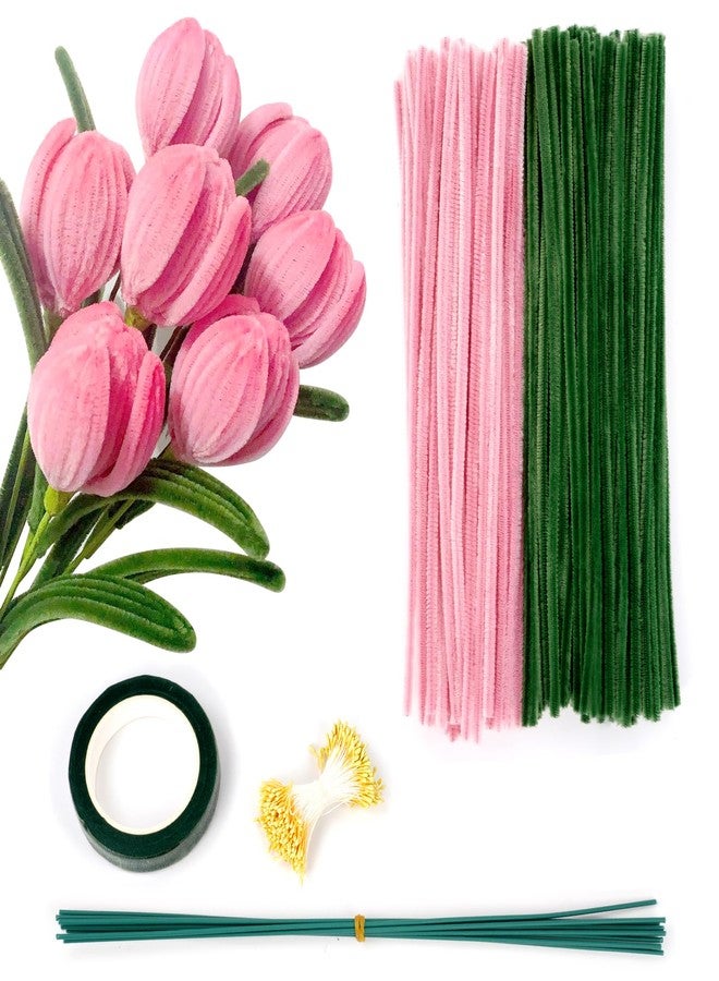 Ainiv 200PCS Tulip Pipe Cleaners for Craft, 30cm Green and Pink Pipe Cleaners, Fuzzy Sticks Craft Supplies, Chenille Stems with Flower Pole, Flower Core & Gardening Tape, Arts & Crafts for DIY - Image 1